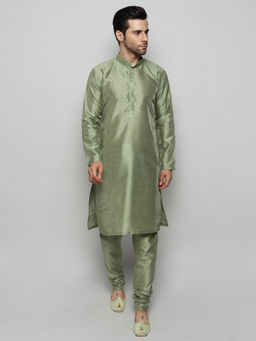 Uri and MacKenzie - Men's Green Silk Blend Solid Kurta and Pyjama