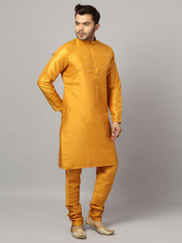 Uri and MacKenzie - Men's Mustard Silk Blend Solid Kurta and Pyjama