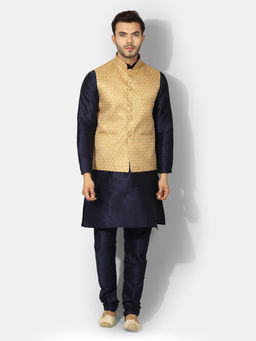 Uri and MacKenzie - Men's Gold Silk Blend Embroidered Kurta with Pyjama & Jacket