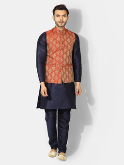 Uri and MacKenzie - Men's Red Silk Blend Embroidered Kurta with Pyjama & Jacket