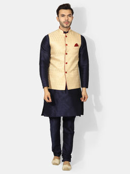 Uri and MacKenzie - Men's Beige Silk Blend Embroidered Kurta with Pyjama & Jacket
