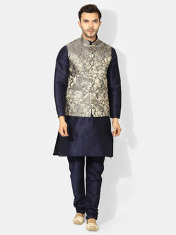 Uri and MacKenzie - Men's Navy Blue Silk Blend Embroidered Kurta with Pyjama & Jacket