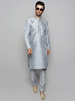 Uri and MacKenzie - Men's Silver Silk Blend Solid Kurta and Pyjama