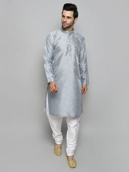 Uri and MacKenzie - Men's Silver Silk Blend Solid Kurta and Pyjama