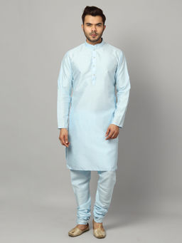 Uri and MacKenzie - Men's Blue Silk Blend Solid Kurta and Pyjama