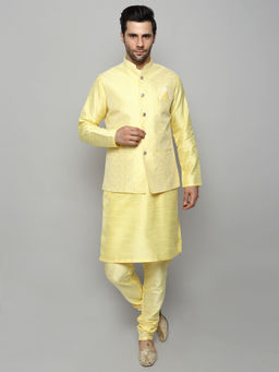 Uri and MacKenzie - Men's Yellow Silk Blend Embroidered Kurta with Pyjama & Jacket