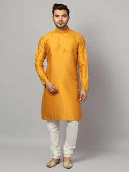 Uri and MacKenzie - Men's Mustard Silk Blend Solid Kurta and Pyjama