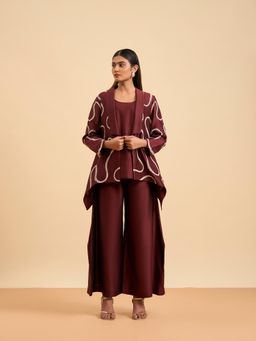 ORIGANI - Maroon Embroidered Regal Harmony Co-Ord (Set of 3)