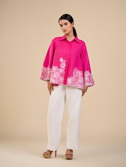 ORIGANI - Pink Floral Embroidered Petal Garden Shirt and Pant (Set of 2)