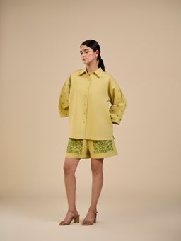 ORIGANI - Lime Yellow Embroidered Shirt and Shorts (Set of 2)