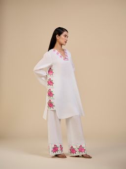 ORIGANI - Pink and White Floral Embroidered Primrose Tunic with Pant (Set of 2)