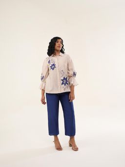 ORIGANI - Beige and Blue Jasmine Floral Embroidered Shirt with Pant (Set of 2)