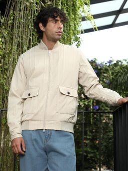 Campus Sutra - Saltbobeige Zipper Front Stripe Tactile Bomber Jacket