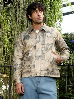 Campus Sutra - Bisque Beige Reptilia Jacquard Bomber Jacket