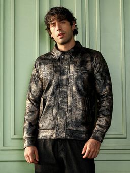 Campus Sutra - Obsidian Black Reptilia Jacquard Bomber Jacket