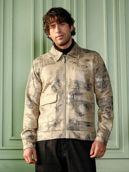 Campus Sutra - Bisque Beige Reptilia Jacquard Zipper Front Jacket