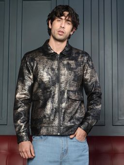 Campus Sutra - Obsidian Black Reptilia Jacquard Zipper Front Jacket