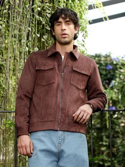 Campus Sutra - Chocolate Brown Solid Utility Suede Bomber Jacket