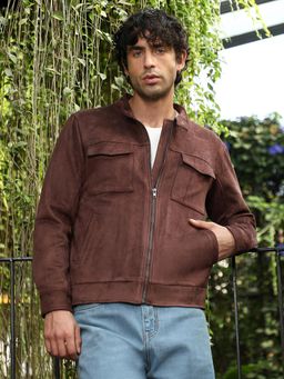 Campus Sutra - Chocolate Brown Solid Utility Suede Rider Jacket