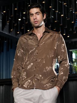 Campus Sutra - Coffee Brown Roses Jacquard Satin Shirt