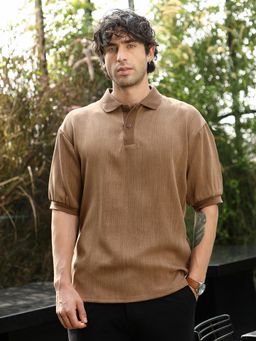 Campus Sutra - Ash Brown Textured Knit Polo T-Shirt