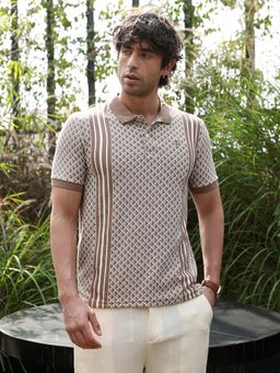 Campus Sutra - Ash Brown Gradient Geometric Jacquard Polo T-Shirt