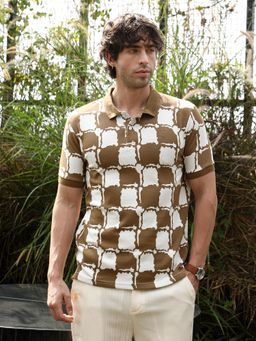 Campus Sutra - Mocha Brown Blob Geometric Jacquard Polo T-Shirt