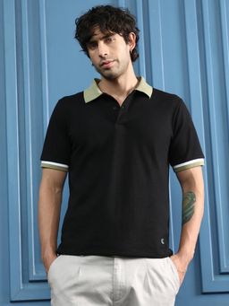Campus Sutra - Black Contrast Textured Knit Polo T-Shirt