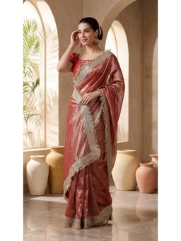 HANDME - Ready To Wear Peach Tissue Embroidered Saree with Unstitched Blouse