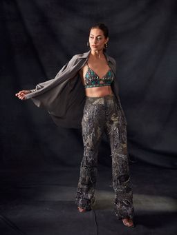 Nikita Mhaisalkar - Grey Pants with Oxidised Gun Metal Embroidery