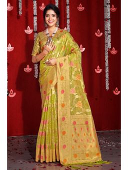 Sangam Prints - green Organza Woven Zari Work Traditional Tassel Saree with Unstitched Blouse