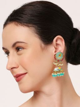 OOMPH - Ferozi Turquoise Blue and Red Jhumka Earrings - Peacock Meenakari Design