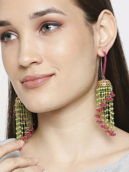 OOMPH - Green and Rani Pink Meenakari Jhumka Earrings with Beaded Tassels for Women and Girl