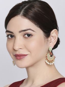 OOMPH - Red and Green Meenakari Ethnic Drop Earrings - Peacock Design with Kundan and Pearls