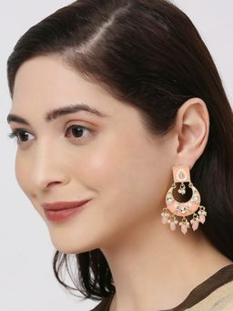 OOMPH - Peach Meenakari Ethnic Drop Earrings - Kundan and Pearls Studded for Women and Girls