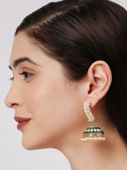 OOMPH - Green and White Meenakari Enamel Pearls Large Ethnic Jhumka Earrings