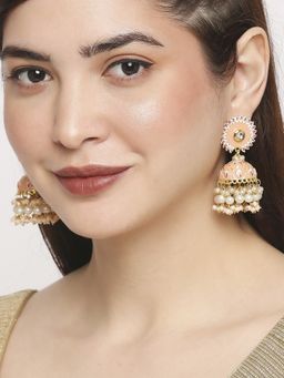 OOMPH - Peach Meenakari Floral Large Jhumka Earrings - Kundan and Pearls Studded