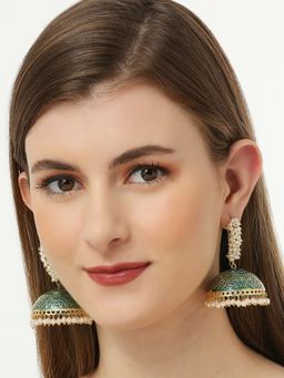 OOMPH - Green Meenakari Enamel and Pearls Large Ethnic Jhumka Earrings