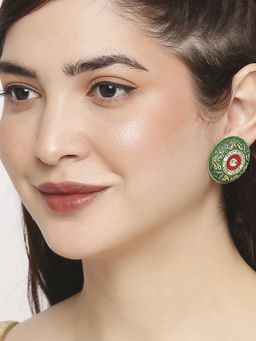 OOMPH - Green Meenakari and Kundan Large Ethnic Stud Earrings for Women