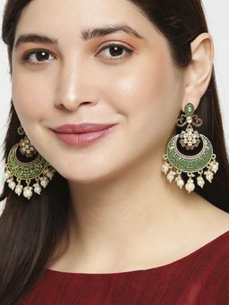 OOMPH - Green Meenakari Chandbali Earrings - Kundan and Pearls Studded