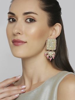 OOMPH - Pink Beads and Kundan Jadau Ethnic Large Drop Earrings for Women