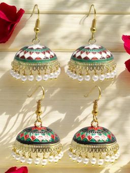 OOMPH - Combo Of 2 Meenakari Jhumka Earrings Green and Red Floral Ethnic for Women and Girls