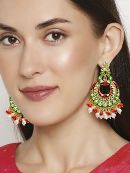 OOMPH - Green Maroon Meenakari Chandbali Drop Earrings Kundan and Pearls Studded