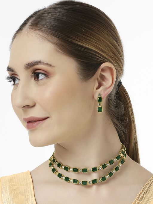 OOMPH Green Ethnic Choker Necklace Set - Multi Layer - Festive Design