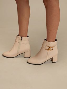 Twenty Dresses by Nykaa Fashion - Cream Chain Link Ankle Length Block Heel Boots