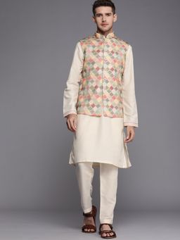 Manyavar - Beige Kurta Pyjama with Nehru Jacket (Set of 3)
