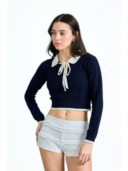 Bonkers Corner - Navy Blue Note Collared Knit Crop Top for Women