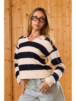 Bonkers Corner - Stripe Knit Polo T-Shirt for Women