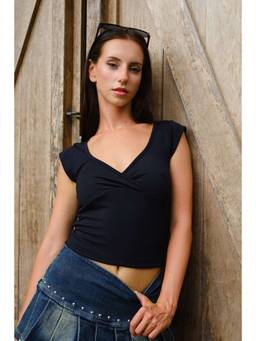 Bonkers Corner - Soft Black Wrap Crop Top for Women