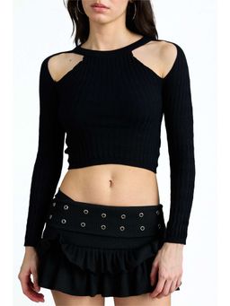 Bonkers Corner - Dark Mode Cut-Out Knit Crop Top for Women